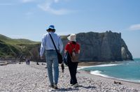 [Translate to Espagnol:] A couple seen from behind wearing sun hats walks along a pebble beach toward the dramatic limestone cliffs of Étretat by the blue sea in Normandy.